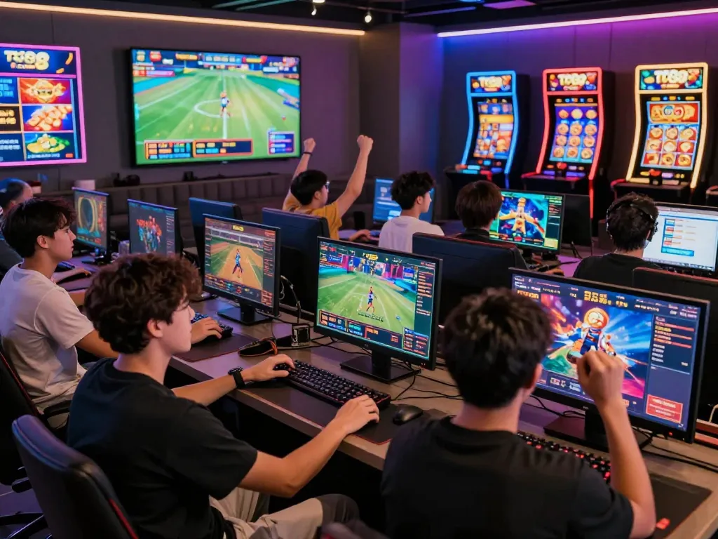 Diverse group of gamers enjoying TG88 COM games in a vibrant digital lounge, showcasing excitement and camaraderie.