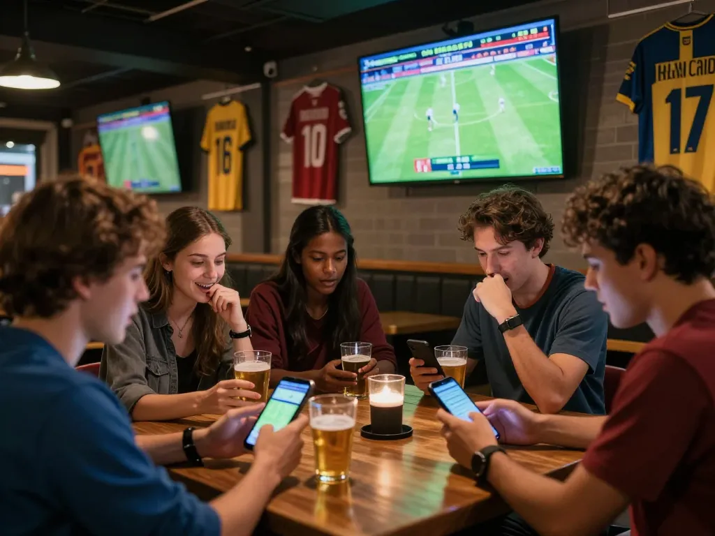 Soi Kèo sports betting excitement in a lively bar with friends analyzing live match stats