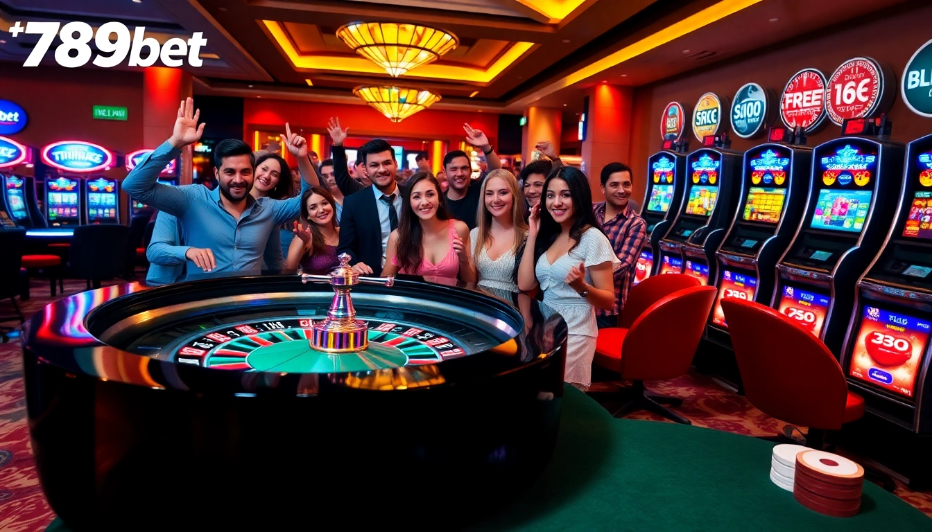 Excited gamblers enjoying a thrilling moment at 789bet's luxurious casino.