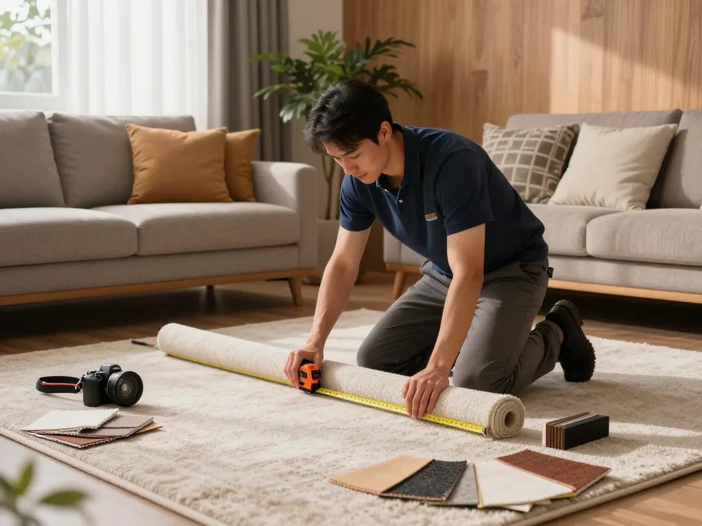 Professional performing home carpet fitting services in a cozy living room with natural light.