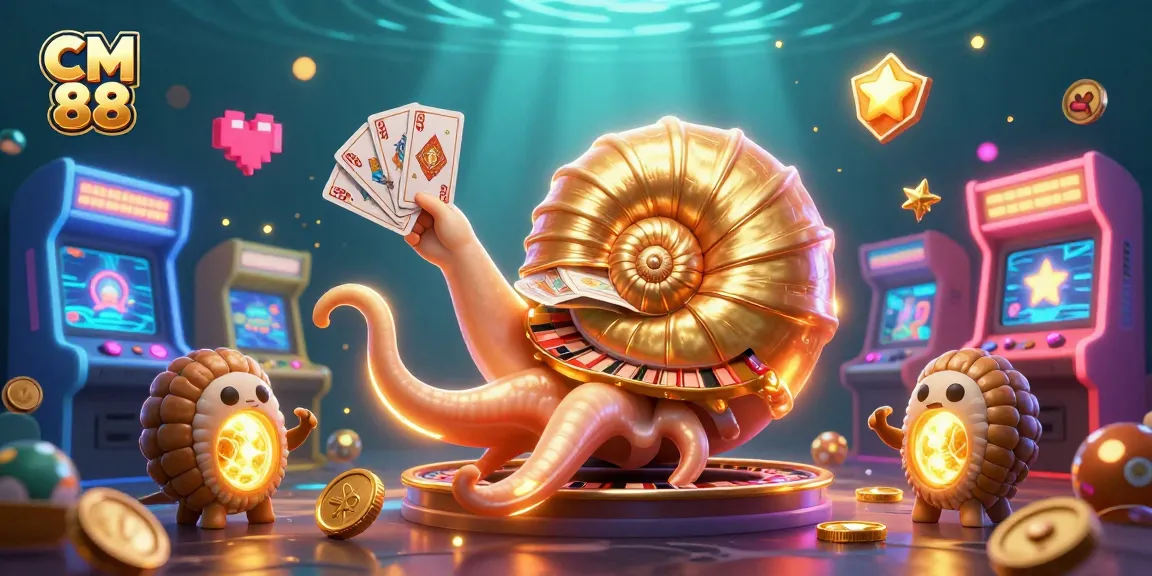 Join CM 88 in a vibrant 3D casino adventure with a glowing nautilus and arcade games.