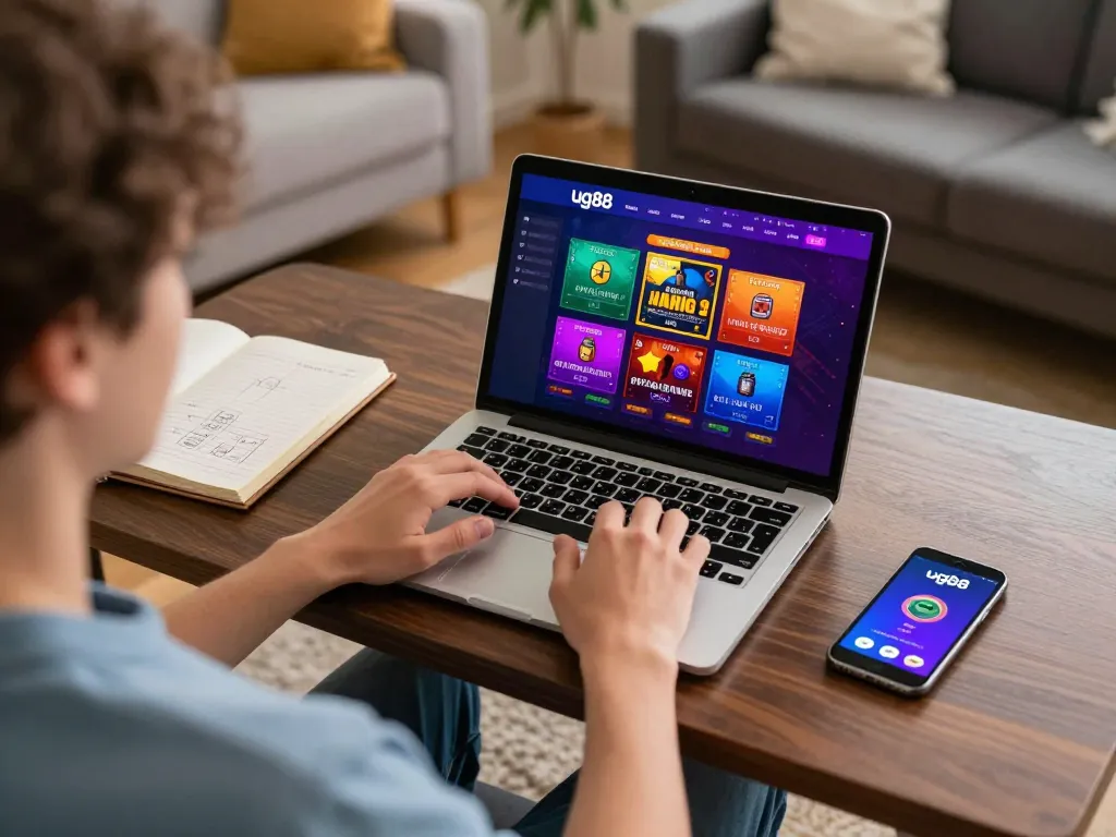 Player engaging with ug88 online gaming platform on laptop, showcasing vibrant betting options.