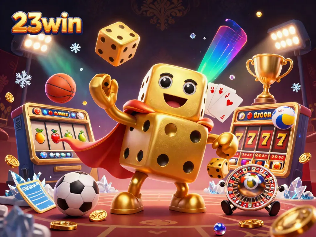 Engage with 23win, a vibrant scene showing a golden dice golem juggling, representing thrilling slot action.
