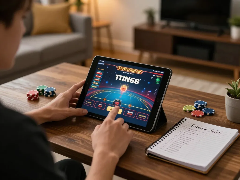 TWIN68 player engaged in online casino gameplay with tablet in cozy home environment