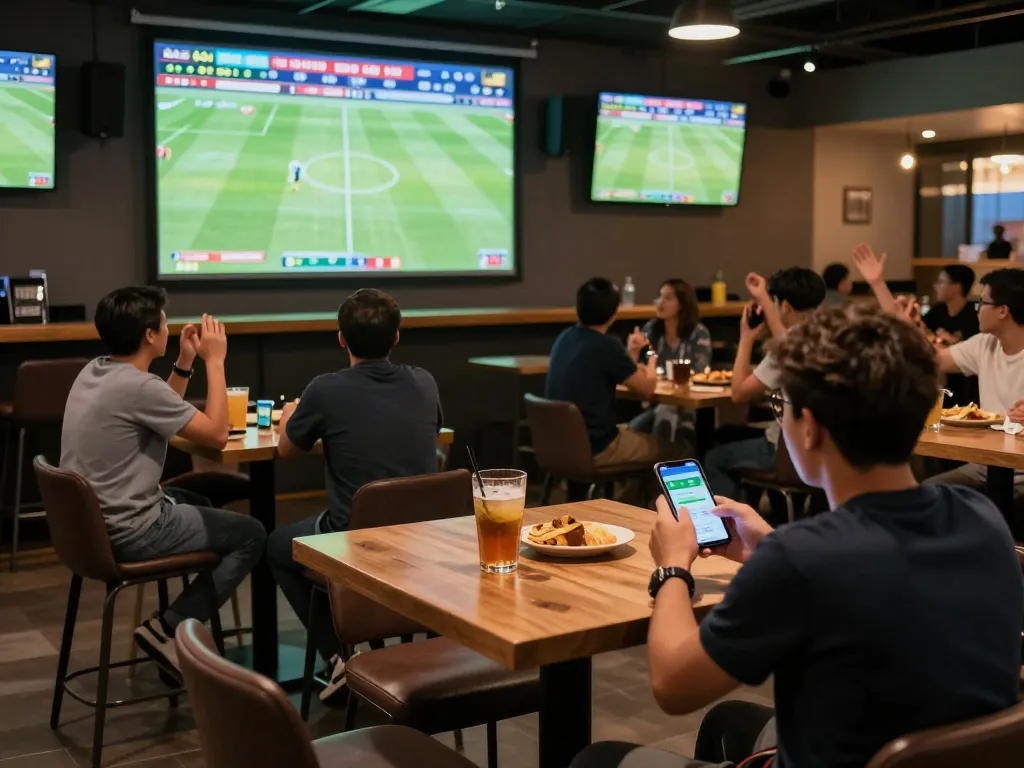 Kèo bóng đá enthusiasts analyzing betting odds in a vibrant sports bar.