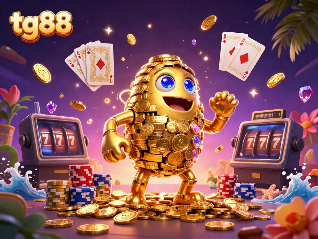Experience the excitement of tg88 with a dynamic illustration of a golden golem surrounded by casino games and vibrant elements.