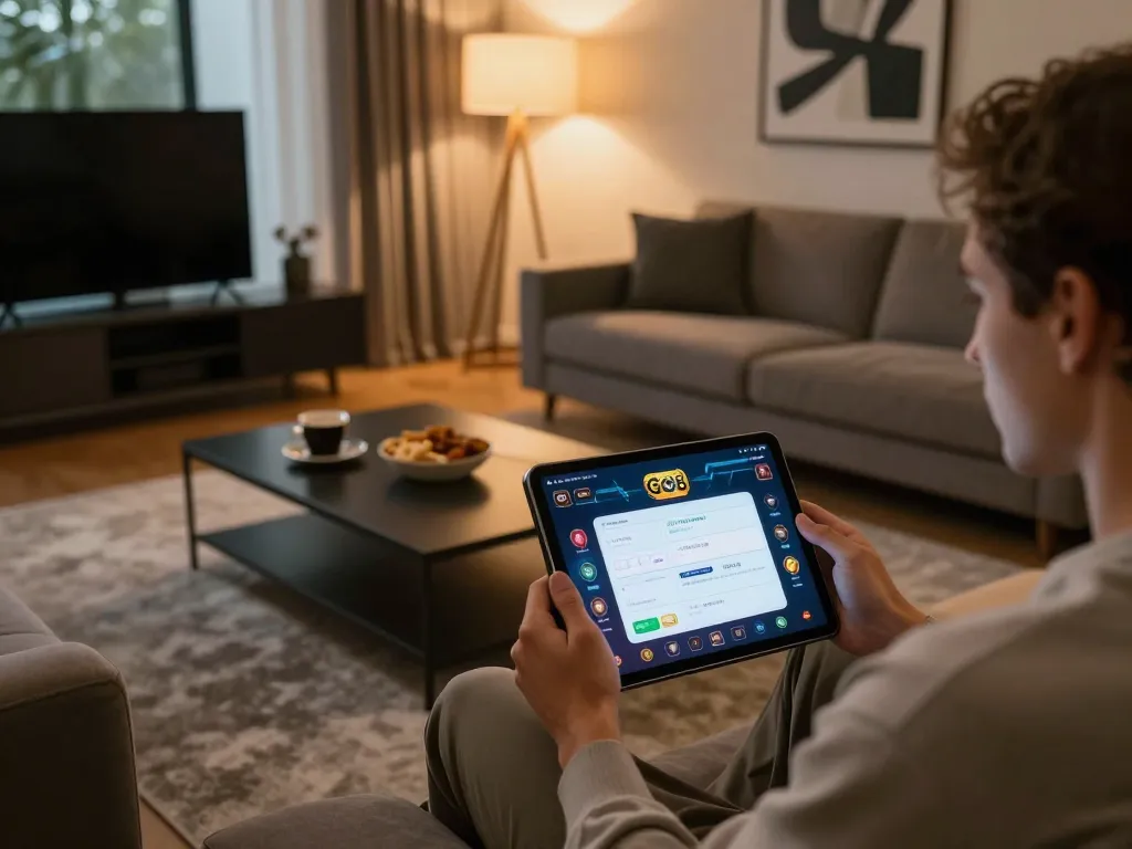 Engaged user interacting with the trang chủ go8 online casino app in a cozy home setting, demonstrating modern gambling experience