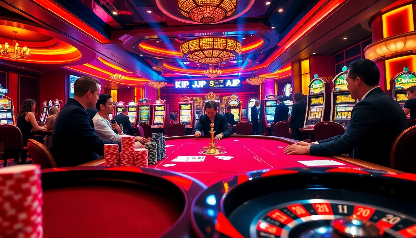 KJC poker players enjoying a high-stakes game in a vibrant casino; chips and lights add excitement.