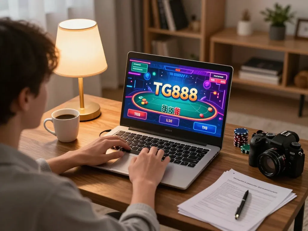 TG88 player engaged in an exciting online poker game in a cozy living room, representing responsible gambling.