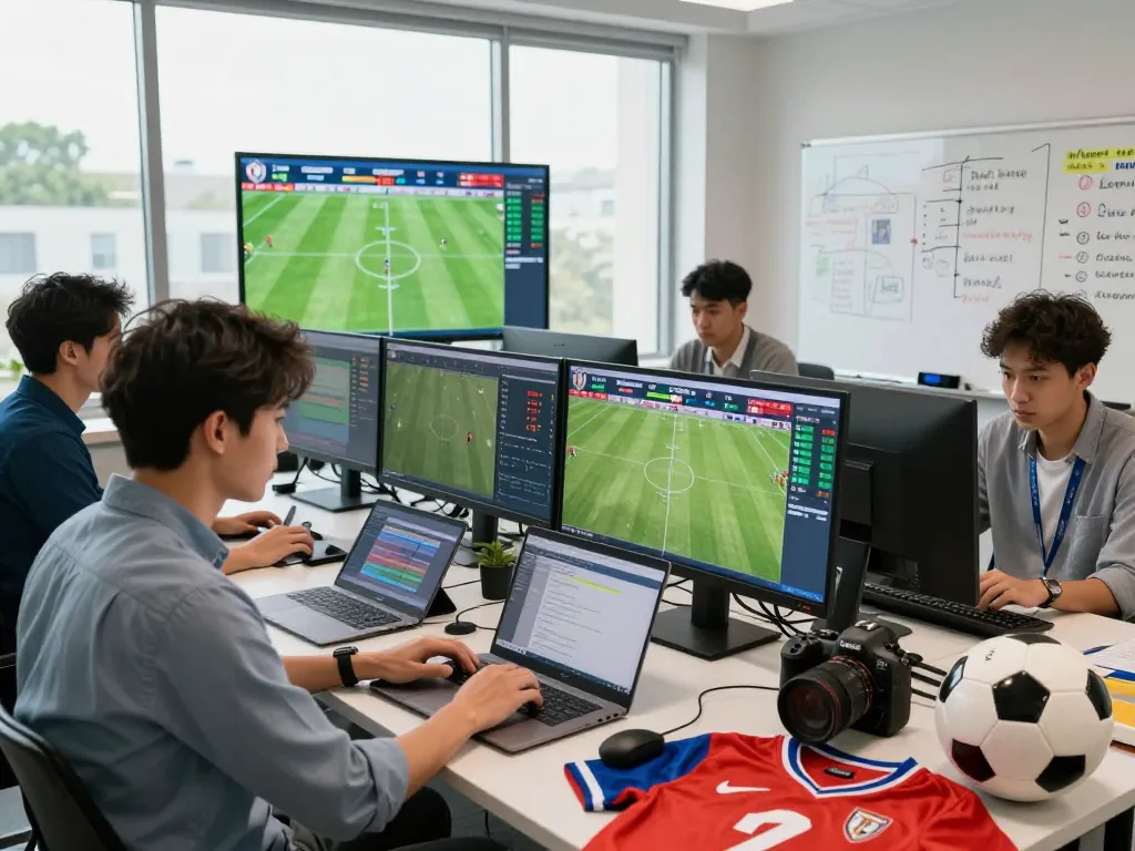 Nowgoal sports analysts actively tracking live soccer scores and predictions in a collaborative office environment.
