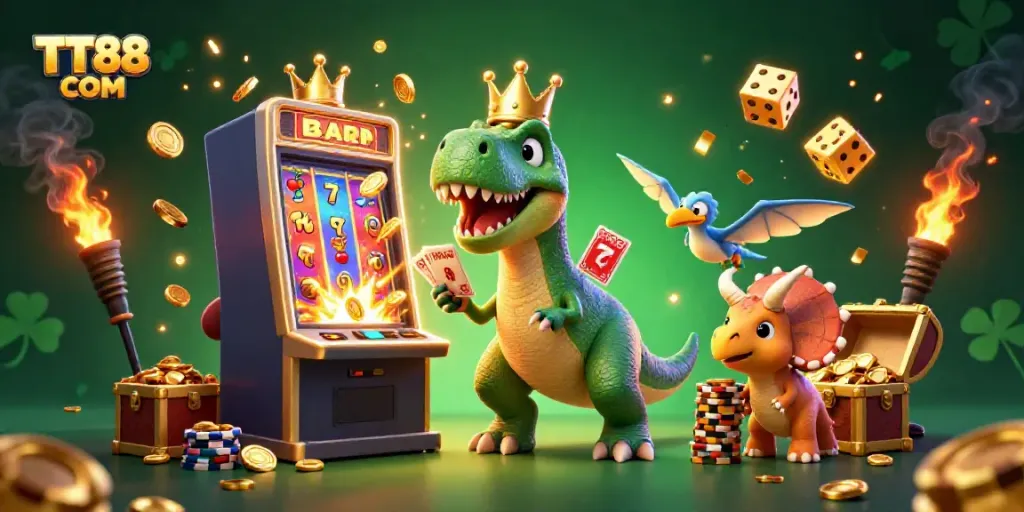 Engaging illustration of a T-Rex playing cards and a triceratops stacking chips for TT88 COM casino.
