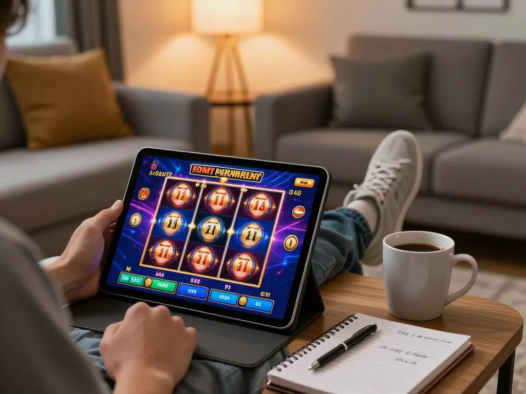 Hitclub player enjoying online slot games on tablet in cozy living room setting.