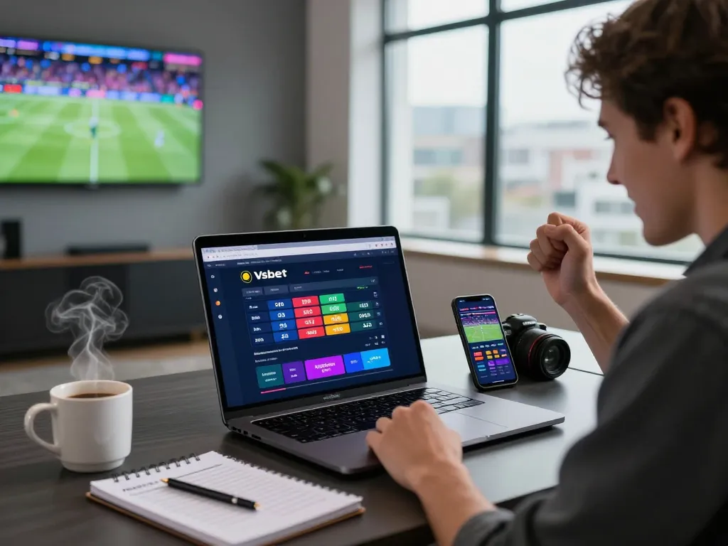 A user celebrating a win on Vsbet with a laptop and smartphone showing live sports updates.