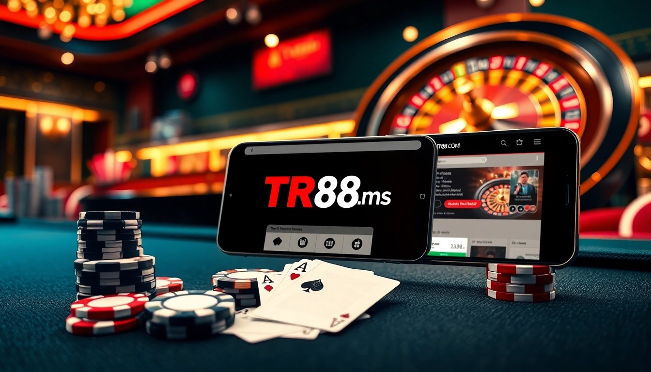 Experience thrilling casino action at TR88.com with poker chips and a roulette wheel in a luxurious setting.