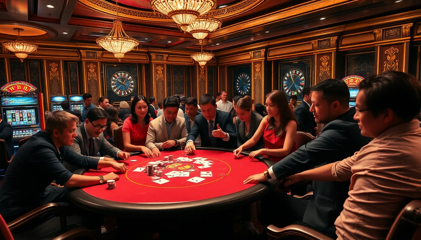 Players engaging in an exciting game at the Du88 casino poker table, surrounded by vibrant decor.