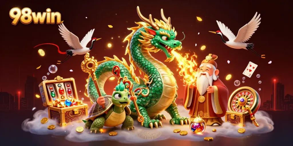 Experience thrilling gaming action with 98win's vibrant 3D casino scene, featuring a dragon and a turtle sage.