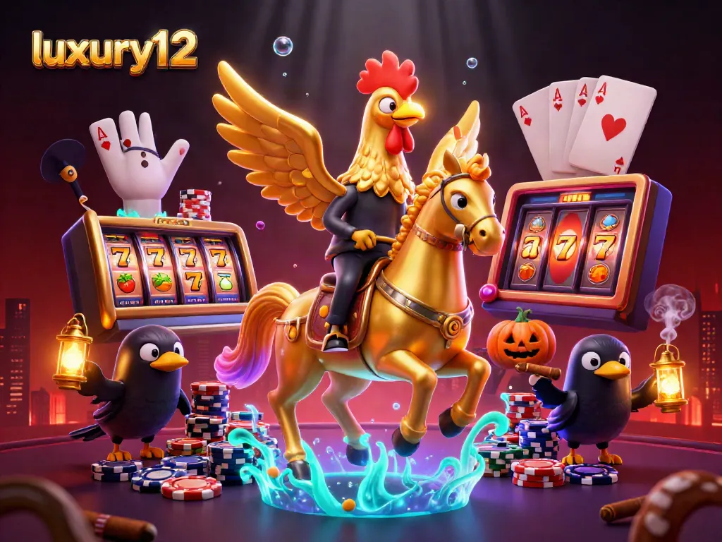 Luxury12 slots scene featuring a golden rooster and its glowing head, embodying excitement and gambling
