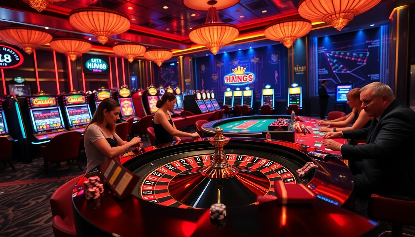 Engage in thrilling gameplay at HM88 with vibrant casino tables and colorful slot machines.