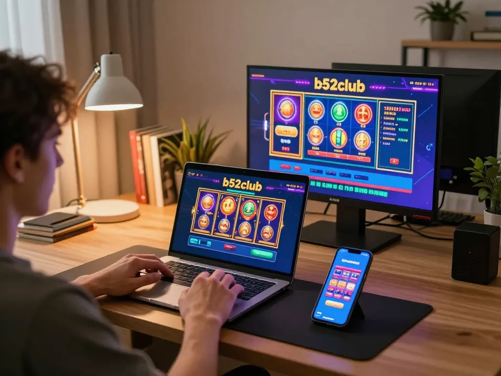 Engaging player enjoying an exciting gaming experience at b52club using laptop and smartphone.