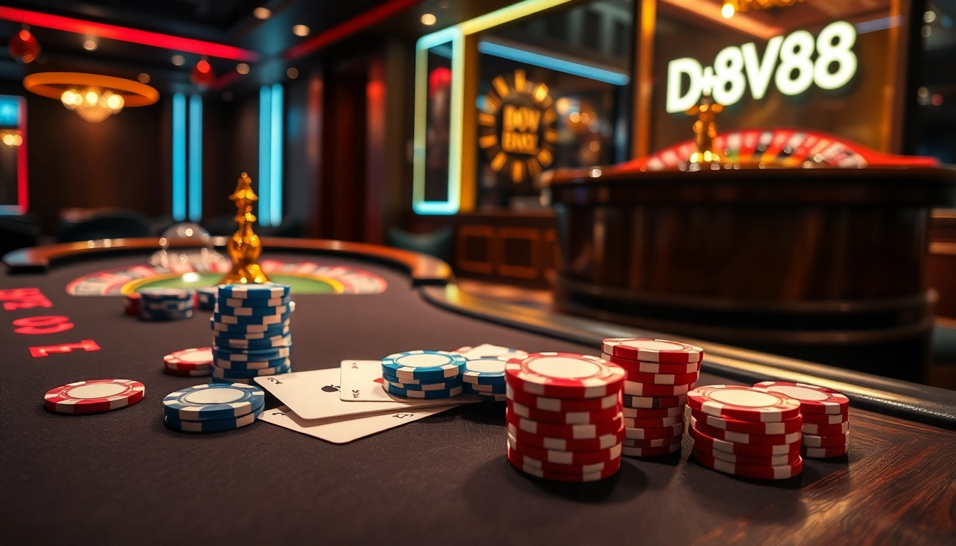 Engaging DV88 gaming scene with a poker table, roulette wheel, and vibrant casino atmosphere.