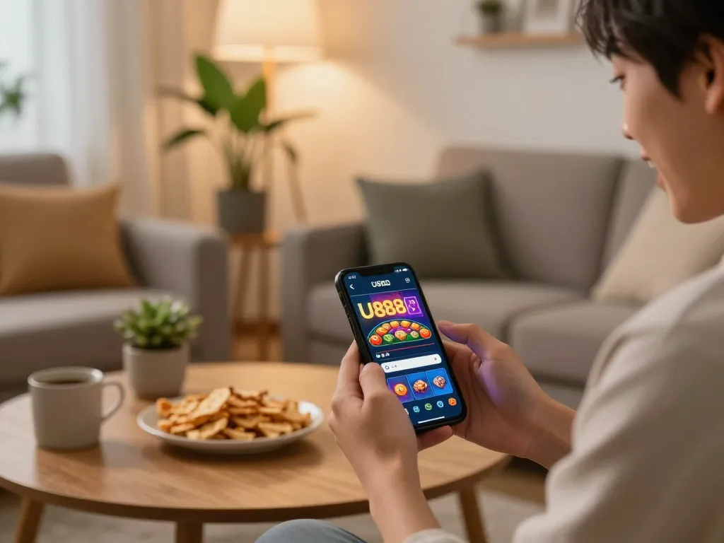 Engaging with the U888 casino app on a smartphone in a cozy living room setting.
