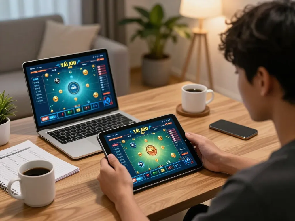 Tài Xỉu MD5 game display on tablet shows active gameplay in a cozy home setting.
