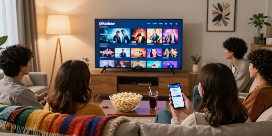Pikashow APK download featured on TV screen during a movie night with friends in a cozy living room.