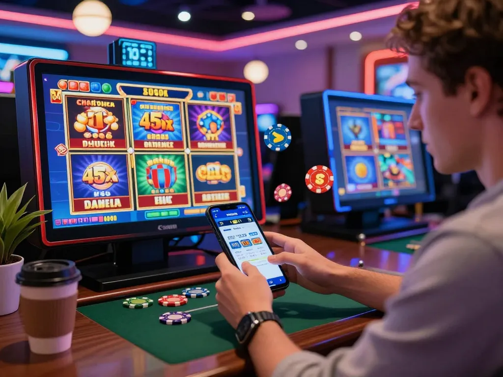 Player engaging with 45x com mobile app in colorful online casino setting, showcasing excitement and vibrant slot games.