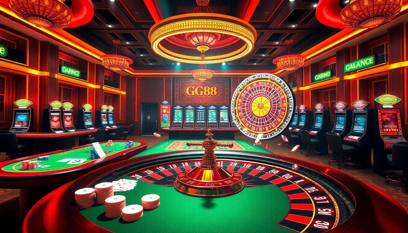 Experience the thrill of gaming with GG88 at a luxurious casino scene featuring vibrant poker tables.