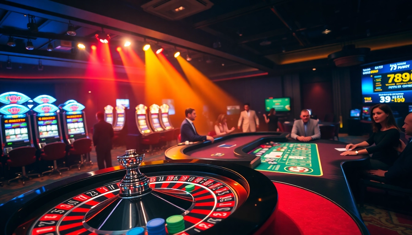 Players enjoying a thrilling casino experience at 789win with vibrant roulette and slot machines.