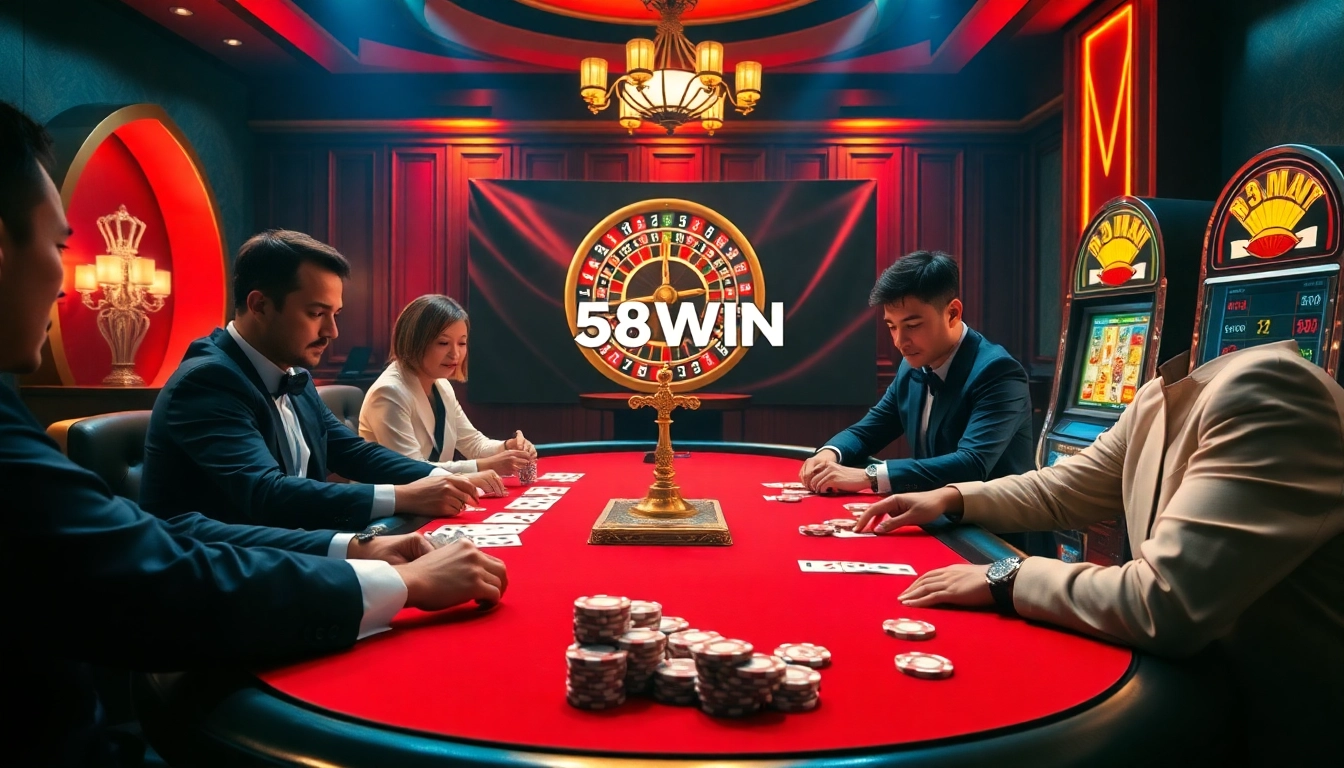 Engaging poker game at nhà cái 58WIN casino with vibrant atmosphere and exciting decor.
