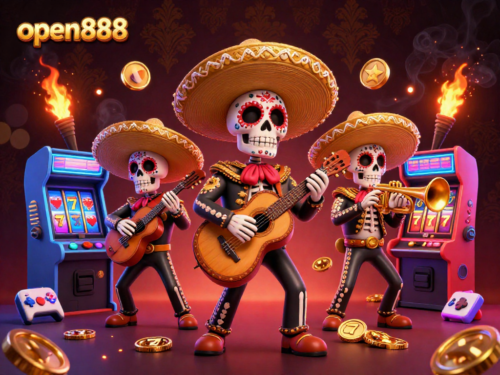 Engage with the vibrant open888 casino scene featuring a lively mariachi band and slot elements.