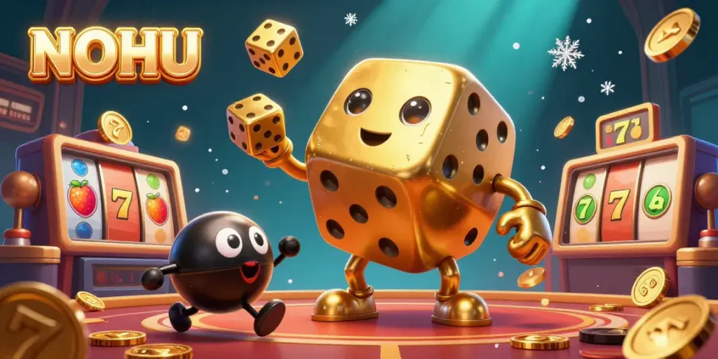 Engage with the NOHU gaming experience, featuring an animated dice golem and lively casino elements.