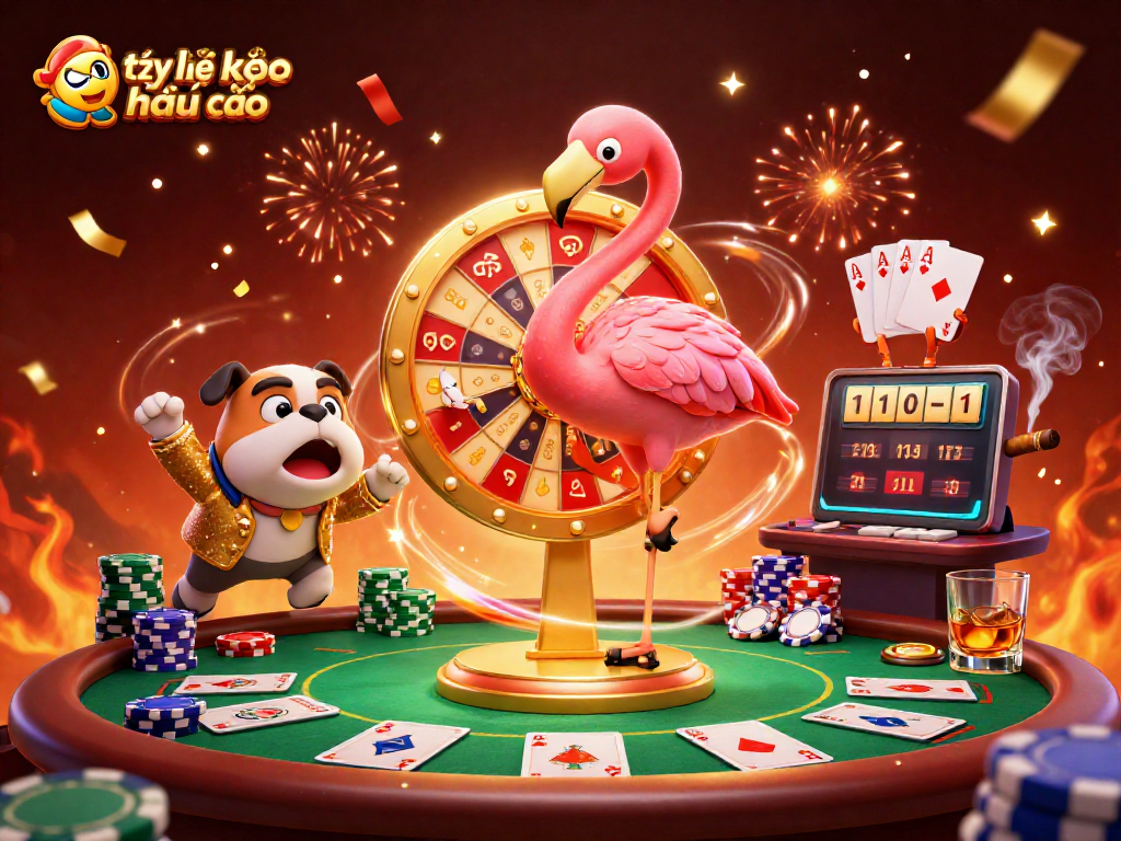 Spin the giant prize wheel with tỷ lệ kèo nhà cái as a dazzling 3D casino scene unfolds.