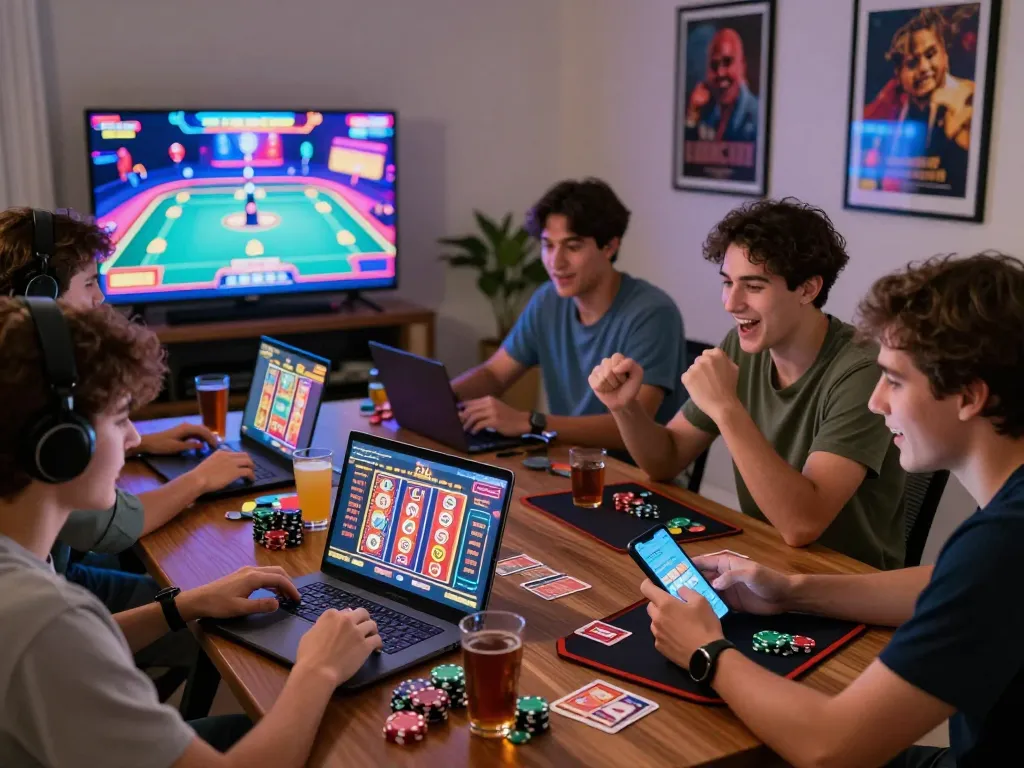 Excited friends enjoying online gaming on 73h.br.com in a cozy setting.
