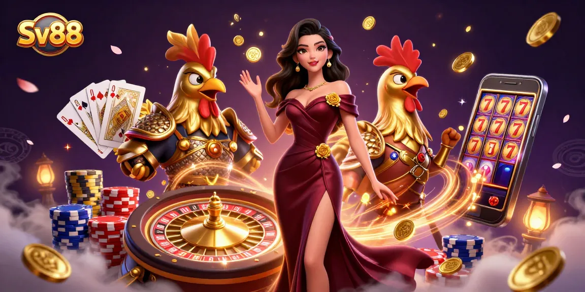 Experience thrilling gameplay at Sv88, featuring glamorous characters and dynamic casino elements in a vibrant 3D illustration.