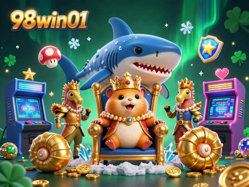 Engage with the vibrant gaming world of 98win01, featuring a hamster king on a megalodon throne amidst casino gaming elements.