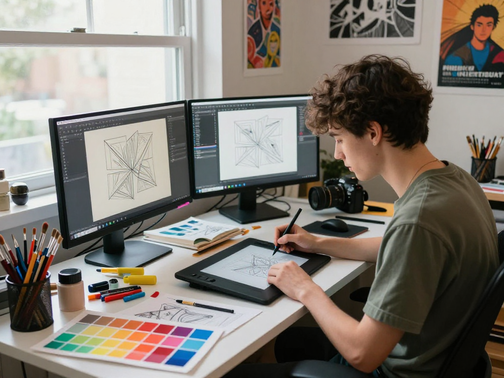 Artist creating digital designs in a vibrant studio, focused on ia +18 graphic projects.