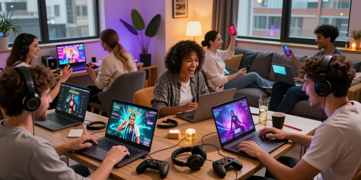 Interactive game sex experience among friends in a vibrant gaming nook.