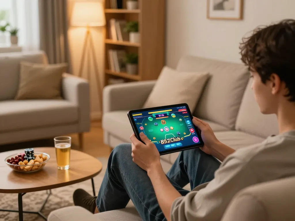 B52Club player enjoying vibrant mobile gaming experience on tablet at home, engaged and relaxed.