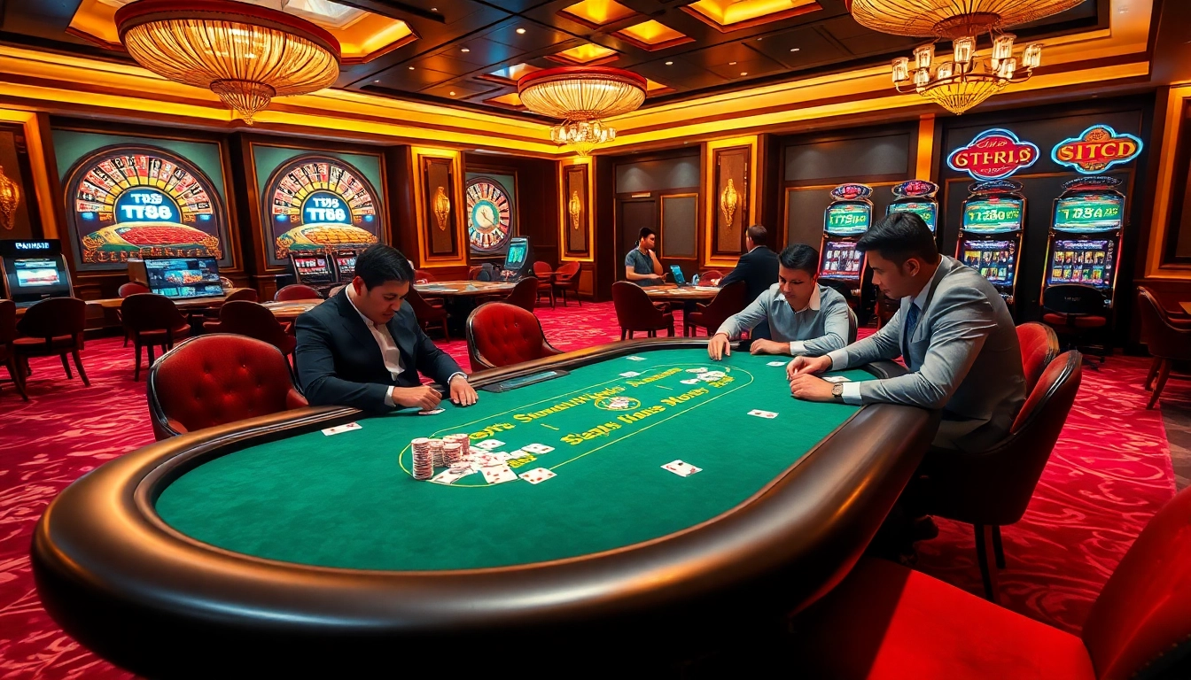 Experience thrilling gameplay at TT88's luxurious casino with vibrant poker tables and slot machines.
