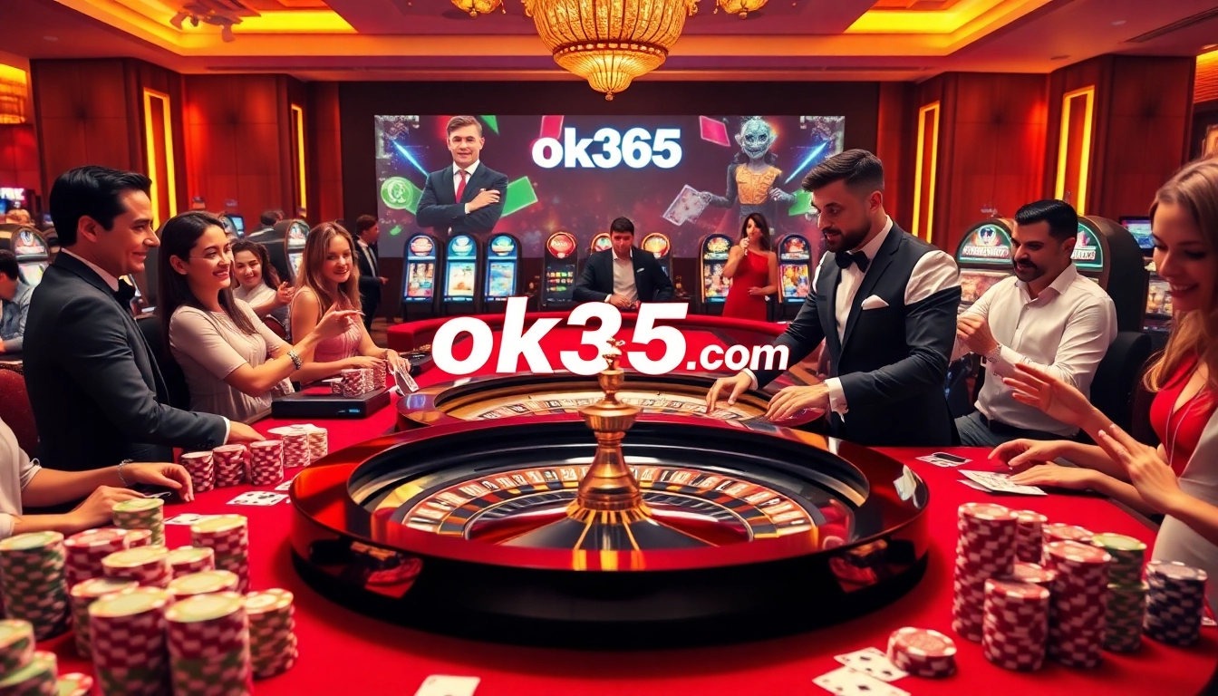 Experience high-stakes betting thrills at ok365 com with an elegant casino scene showcasing roulette and poker.