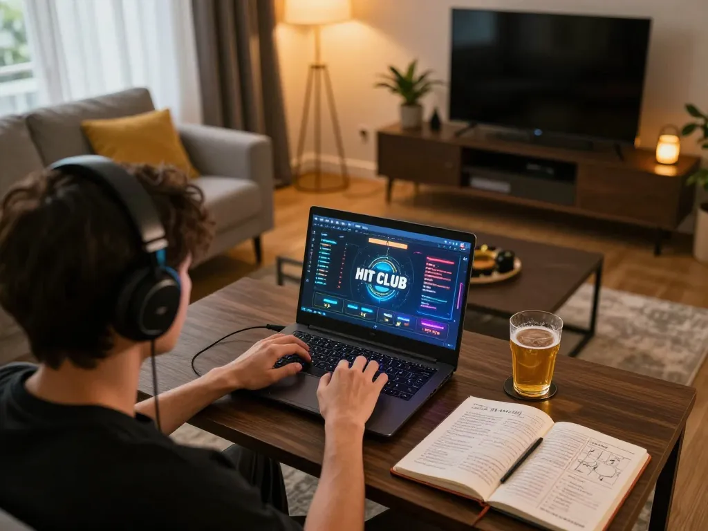 Engaging in HIT CLUB online gaming while strategizing in a cozy living room.