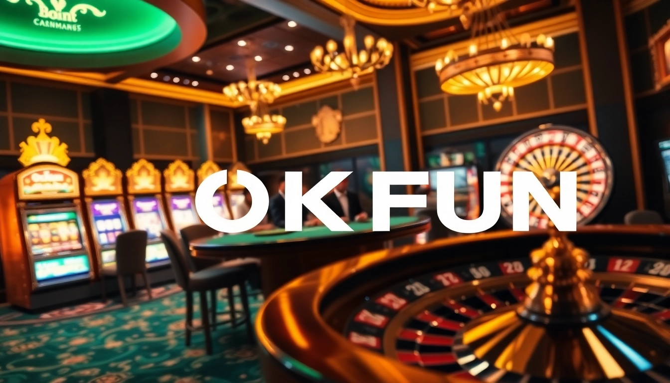Players enjoying poker at an upscale casino table with the OKFUN logo prominently displayed.