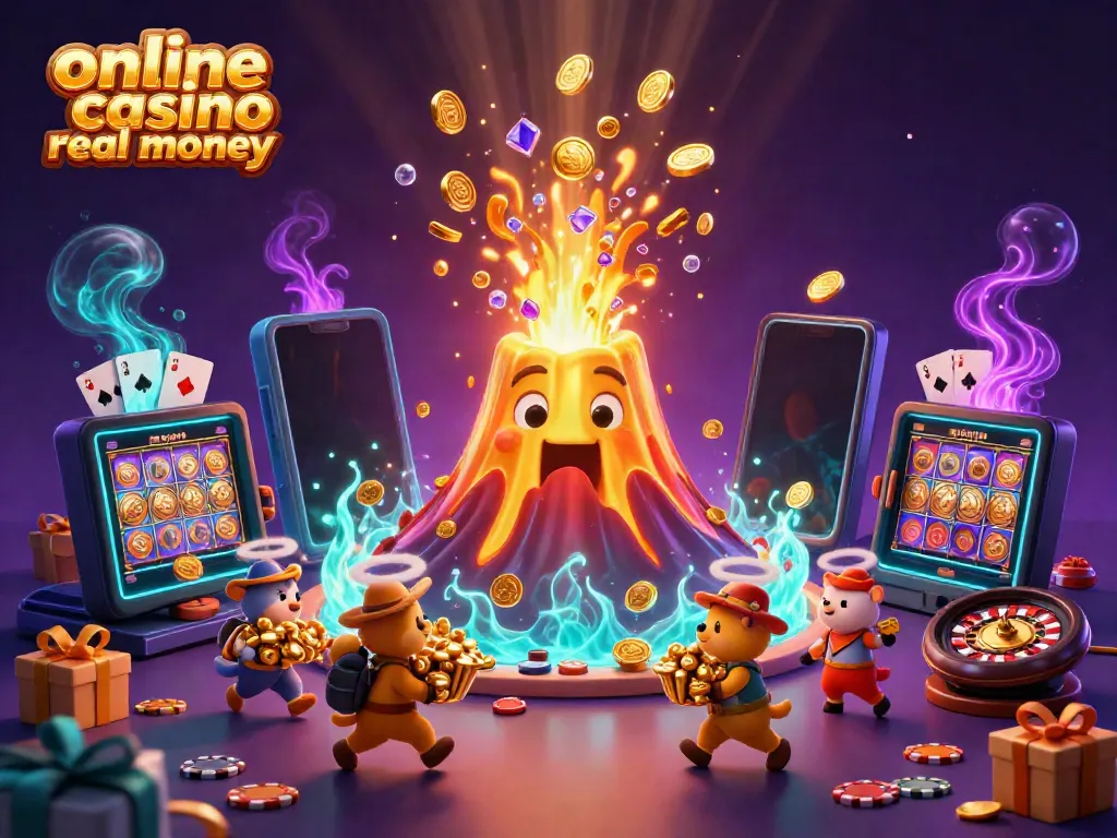 Engage with thrilling online casino real money games in this vibrant illustration of a volcano erupting riches.