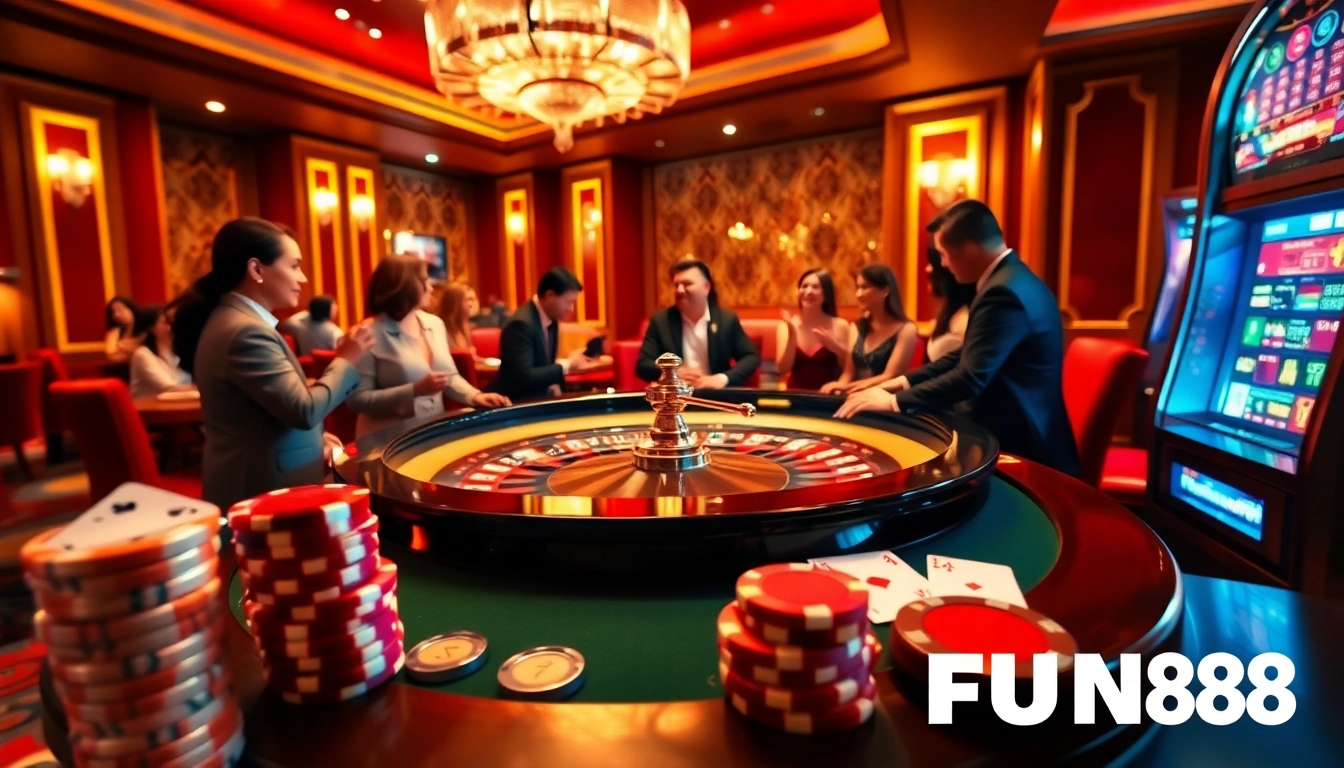 Players enjoying high-stakes roulette at FUN88 casino, surrounded by luxury and excitement.