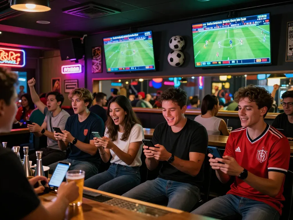 Friends enjoying sports betting and checking kết quả bóng đá in lively bar atmosphere.
