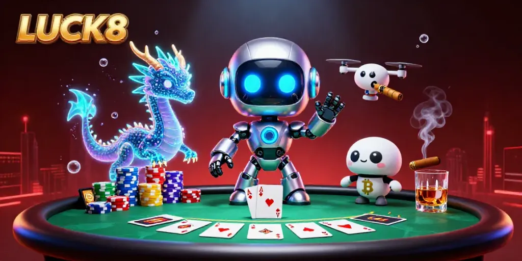LUCK8 showcases a vibrant 3D cyberpunk scene with a robot mascot, dragon, and drone at a poker table.