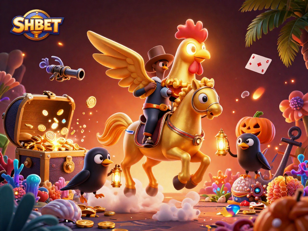 Win with SHBET at a vibrant casino filled with treasure and gaming action through a magical lens.