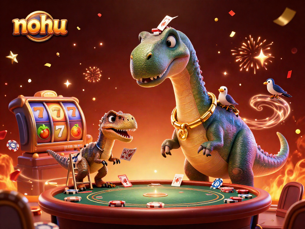 Nohu casino scene featuring a giant brontosaurus poking through the ceiling while a clever raptor deals cards.
